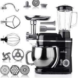 Lehmann Machine de cuisine universelle 3 en 1 | Avec système de battement planétaire | Multifonctionnelle avec hachoir à viande | Presse-agrumes de 1,5 L | Bol en acier inoxydable de 5 L (Noir)