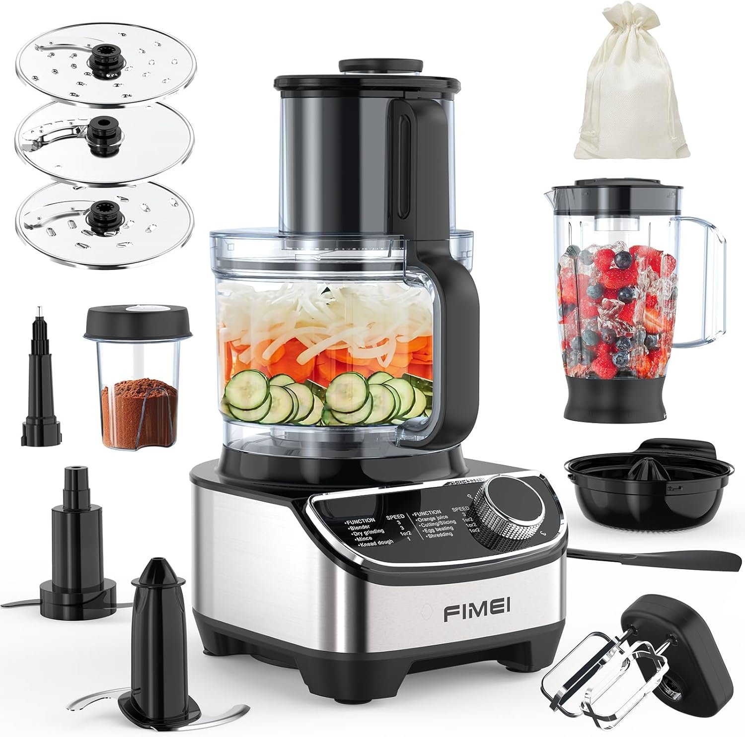 FIMEI Robot culinaire multifonction 1300W, 3 vitesses et fonction pulse, hachoir 3,5L, mixeur 1,5L, moulin, presse agrumes, crochet pétrisseur, fouet, râpe, disque tournant, Sans BPA