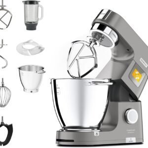 Kenwood Titanium Chef Patissier XL KWL90.034SI, Robot Patissier Balance Intégrée, Batteur K, Pétrin, Fouet, Batteur Souple, Deux Bols, Couvercle Anti-Projections, 1400W, Acier, Argent