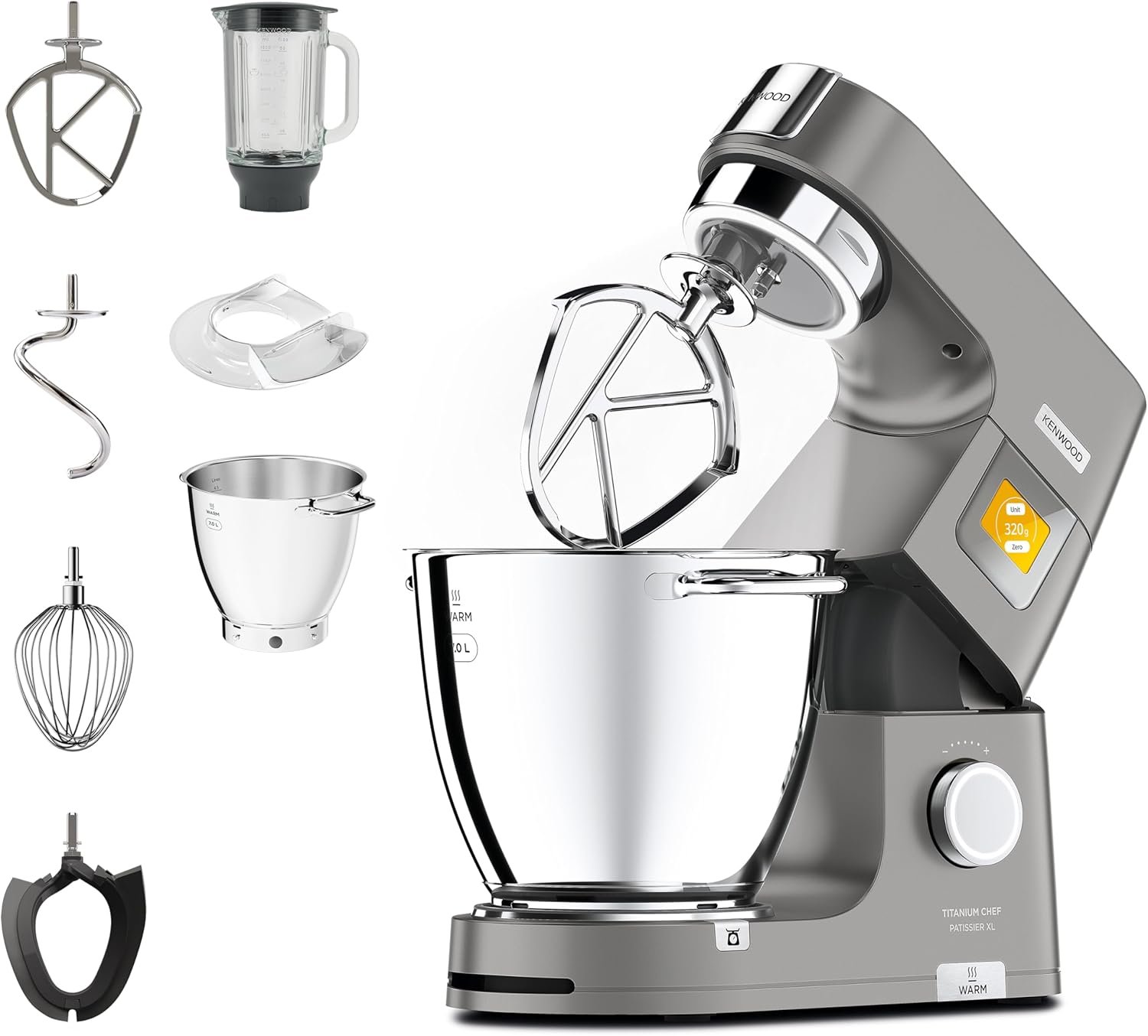 Kenwood Titanium Chef Patissier XL KWL90.034SI, Robot Patissier Balance Intégrée, Batteur K, Pétrin, Fouet, Batteur Souple, Deux Bols, Couvercle Anti-Projections, 1400W, Acier, Argent