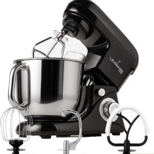 LEHMANN LHOPM-1305C Robot Pâtissier Multifonction 2200 W, Robot Culinaire à Mouvement Planétaire avec Fouet, Batteur, Crochet, Bol d'Acier Inoxydable 5 Litres, 6 Vitesses et Fonction Pulse, Noir