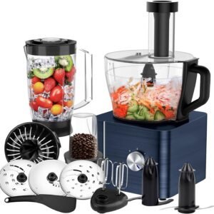 SNDOAS Robot Multifonction Cuisine, 1100 W Robot Culinaire, Bol Mélangeur 3.2 L, Hachoir Multifonction, Robot Mixeur 1.5 L, Moulin à café, Bleu Foncé