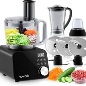 Howork robot de cuisine 1500W,Grande Capacité Robot Multifonction Cuisine, Pour Déchiqueter, Trancher,Hacher, Moudre, Faire des Smoothies, Hacher, Farcir et Faire de la Pâte, Acier Inoxydable Noir